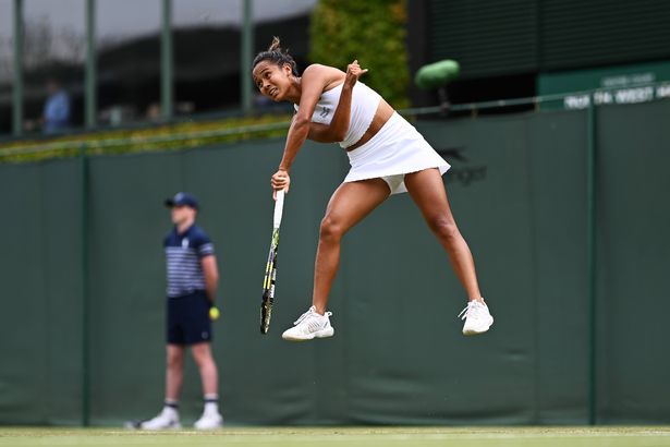 Leylah Fernandez of Canada serves against Laura Siegemund of Germany during the Ladies' Singles second round match on day three of The Championships Wimbledon 2025 at All England Lawn Tennis and Croquet Club on July 02, 2025 in London, England. 