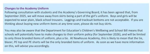 The letter that parents received about the uniform change