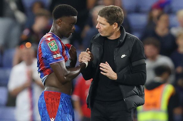 Oliver Glasner Manager of Crystal Palace speaks to Marc Guehi of Crystal Palace at the full time whistle after the Carabao Cup Second Round match between Crystal Palace and Norwich City at Selhurst Park