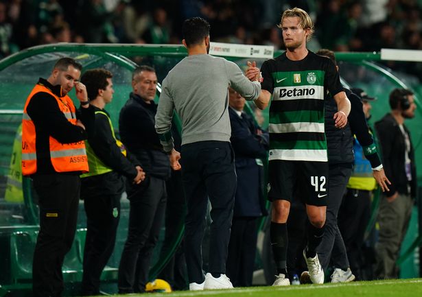 Morten Hjulmand shakes hands with Ruben Amorim just days before his move to Manchester United was confirmed