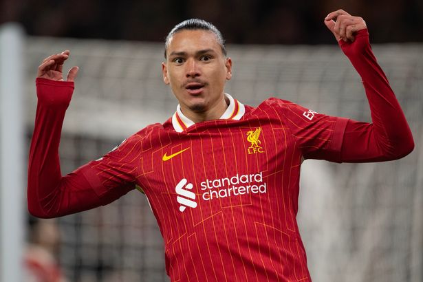 LIVERPOOL, ENGLAND - NOVEMBER 27: Darwin Nunez of Liverpool reacts during the UEFA Champions League 2024/25 League Phase MD5 match between Liverpool FC and Real Madrid C.F. at Anfield on November 27, 2024 in Liverpool, England. (Photo by Joe Prior/Visionhaus via Getty Images)