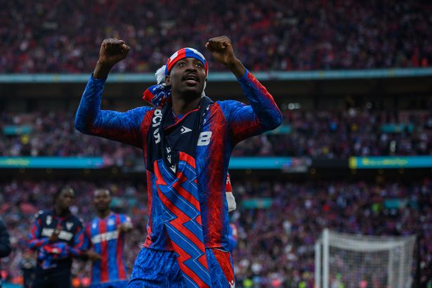 Jean-Philippe Mateta celebrates at Wembley after Crystal Palace reached the FA Cup final.
