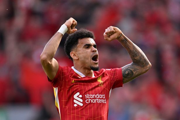 LIVERPOOL, ENGLAND - APRIL 27: (SUN OUT, SUN ON SUNDAY OUT) Luis Diaz of Liverpool celebrates scoring his team's first goal during the Premier League match between Liverpool FC and Tottenham Hotspur FC at Anfield on April 27, 2025 in Liverpool, England. (Photo by Liverpool FC/Liverpool FC via Getty Images)