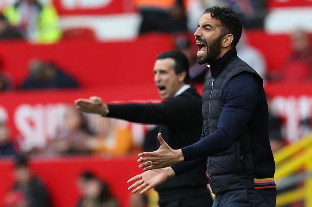 Ruben Amorim barks out an instruction from the Old Trafford touchline.