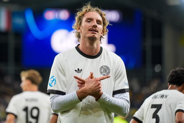 DUNAJSKA STREDA, SLOVAKIA - JUNE 22: Nick Woltemade of U21 Germany celebrates after scoring his side's first goal during the UEFA European Under-21 Championship 2025 Quarter-Final match between Germany and Italy at DAC Arena on June 22, 2025 in Dunajska Streda, Slovakia. (Photo by Christian Hofer/Getty Images)