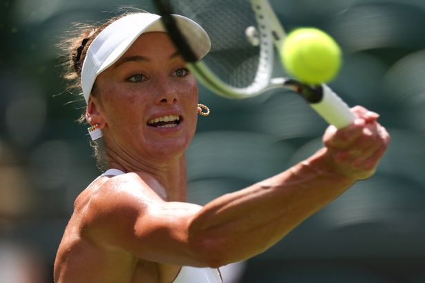 US-Canada's Carson Branstine plays a forehand return to Belarus's Aryna Sabalenka during their women's singles first round tennis match on the first day of the 2025 Wimbledon Championships at The All England Lawn Tennis and Croquet Club in Wimbledon, southwest London, on June 30, 2025
