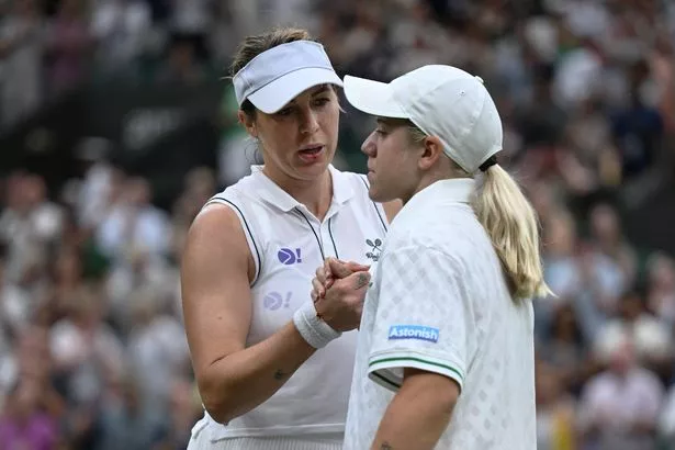 LONDON, ENGLAND - JULY 06: Anastasia Pavlyuchenkova shakes hands with Sonay Kartal of Great Britain at the net following the Ladies' Singles fourth round match on day seven of The Championships Wimbledon 2025 at All England Lawn Tennis and Croquet Club on July 06, 2025 in London, England. (Photo by Visionhaus via Getty Images)