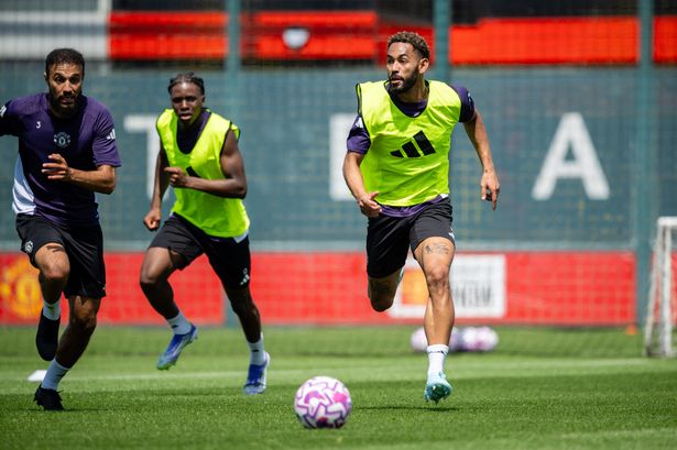 Matheus Cunha trains alongside his teammates at Carrington.