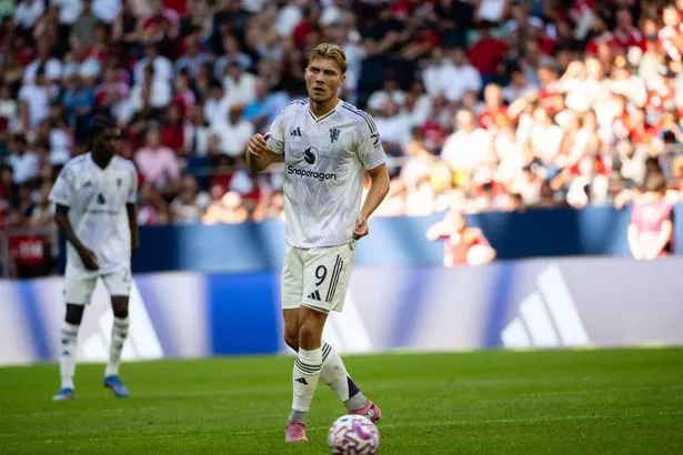 SOLNA, SWEDEN - JULY 19: Rasmus Hojlund of Manchester United in action during the pre-season friendly match between Manchester United and Leeds United at Strawberry Arena on July 19, 2025 in Solna, Sweden. (Photo by Ash Donelon/Manchester United via Getty Images)