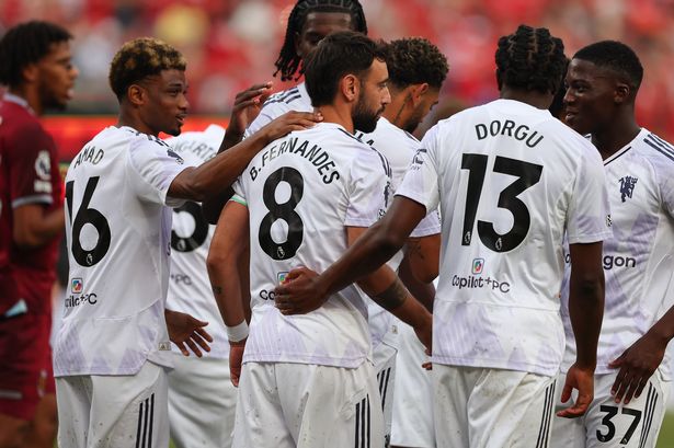 Bruno Fernandes is congratulated by his teammates after scoring against West Ham United.