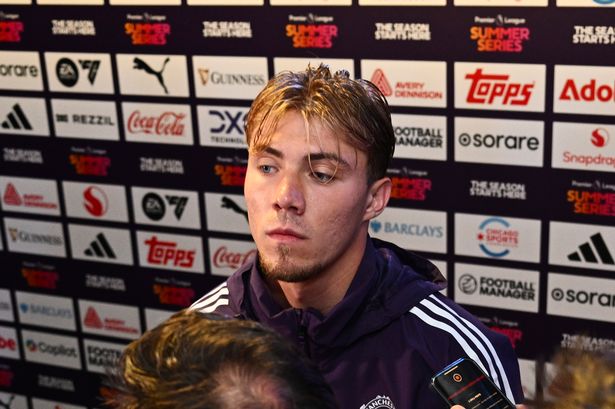 Hojlund speaks in the mixed zone at Soldier Field