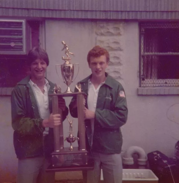 A young David Moyes holds a trophy with a Celtic team-mate when visiting Kearny, New Jersey