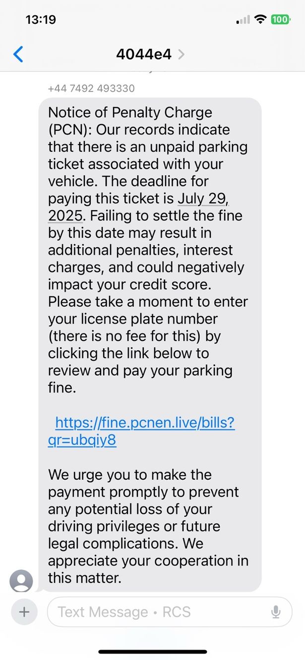The scam message in question