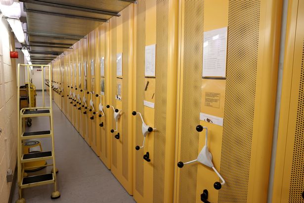 Moveable shelving in the climate-controlled storage