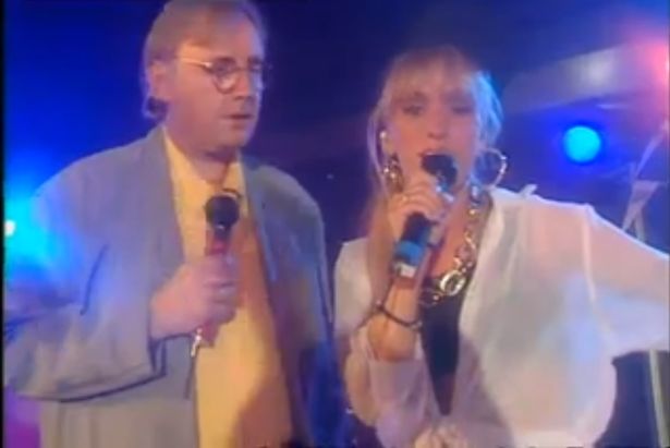 Pete Waterman and Michaela Strachan hosting The Hitman and Her at the Ritzy nightclub in Bromborough, Wirral, in 1992