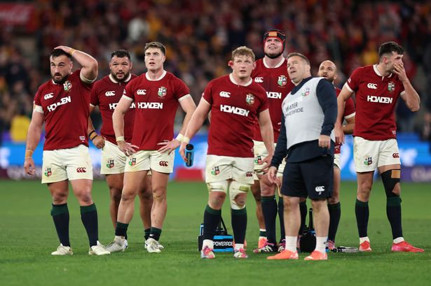 British & Irish Lions watch the big screen as the referee makes the decisive decision