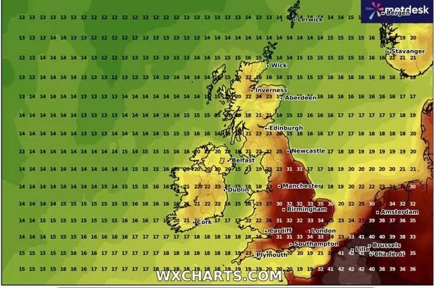 Temperatures could reach a scorching 35C on July 20(Image: WX Charts)
