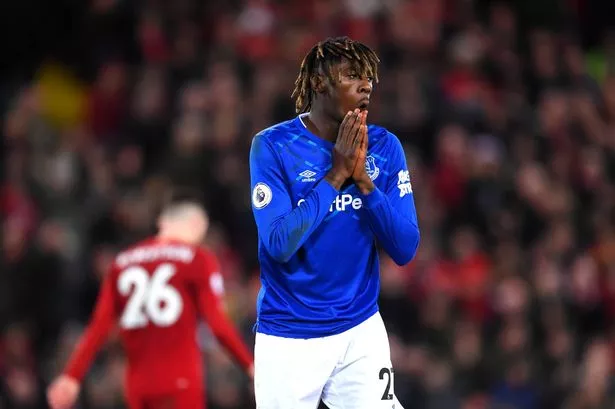 Moise Kean of Everton reacts after a missed shot during the Premier League match between Liverpool FC and Everton FC