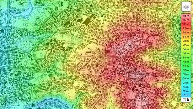 Lodge Hill and Kingswood in east Bristol. The light-pink/white shaded area is the high point of Lodge Hill, close to Cossham Hospital, and rises to 115m above sea level on the Bristol-South Gloucestershire border 