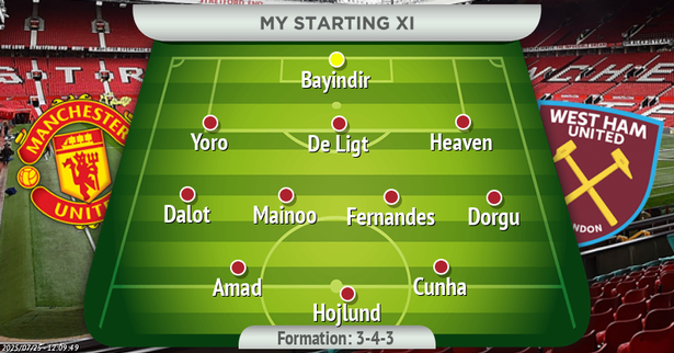 A Manchester United XI displayed on a football pitch graphic. The XI is as follows:

GK: Bayindir
CB: Yoro
CB: De Ligt
CB: Heaven
RWB: Dalot
CM: Mainoo
CM: Fernandes
LWB: Dorgu
CAM: Amad
CAM: Cunha
ST: Hojlund