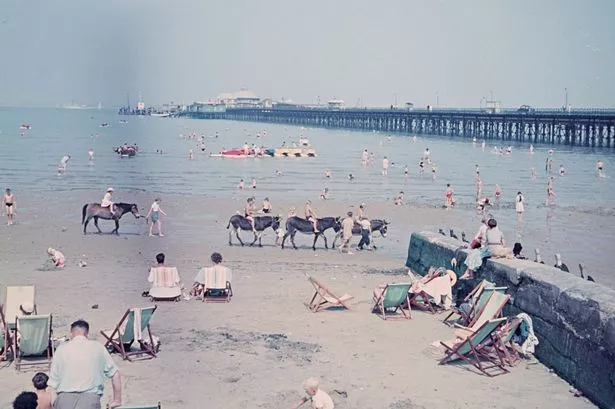 Brighton, East Sussex, England, UK, 1955. Beach scene with bathers, families, weekenders and holidaymakers in the famous southern English seaside resort of Brighton. In the background the Brighton Palace Pier.