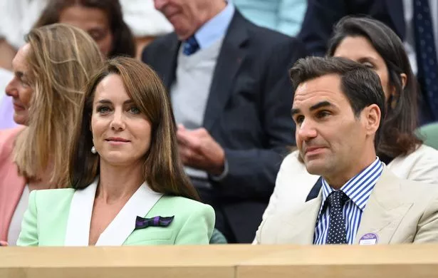 LONDON, ENGLAND - JULY 04: Catherine, Princess of Wales and Roger Federer court side on day two of the Wimbledon Tennis Championships at the All England Lawn Tennis and Croquet Club on July 04, 2023 in London, England. (Photo by Karwai Tang/WireImage)