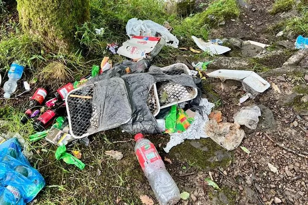 A large amount of rubbish which has been dumped in Bannau Brycheiniog