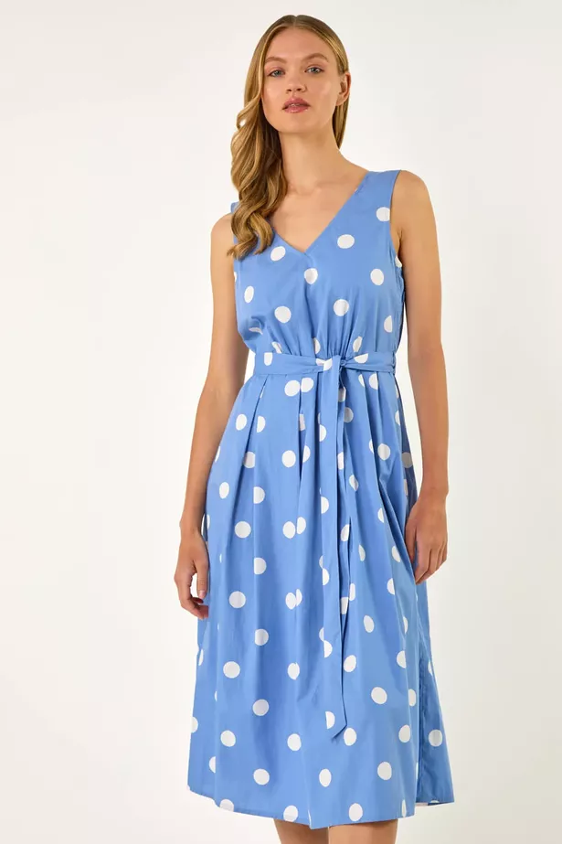 The Light Blue Spot Print Belted Midi Dress now costs  £28