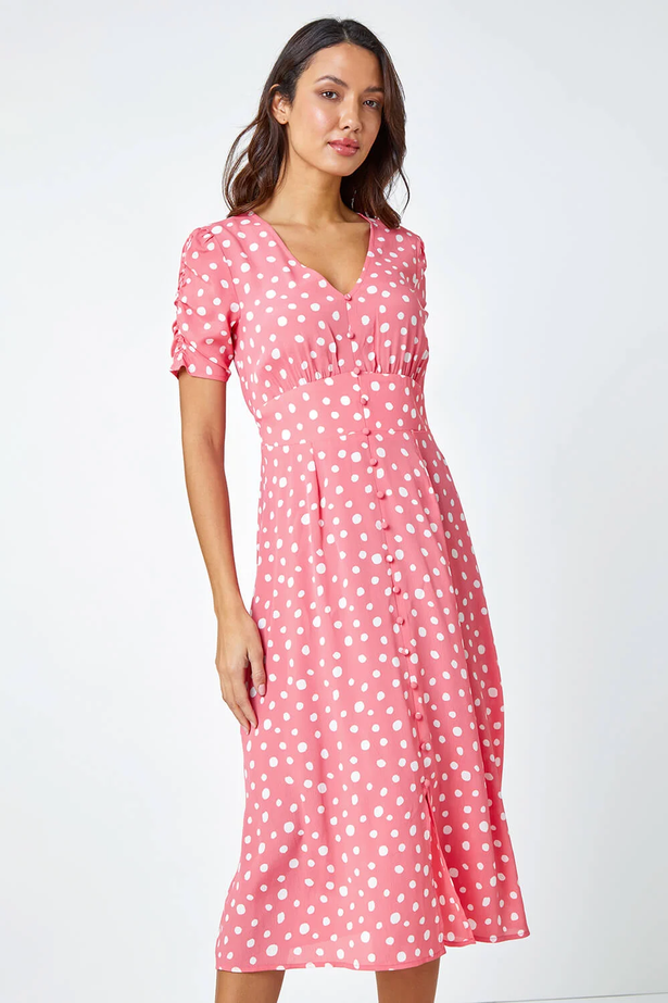 The Pink Polka Dot Ruched Sleeve Midi Dress  now costs £36