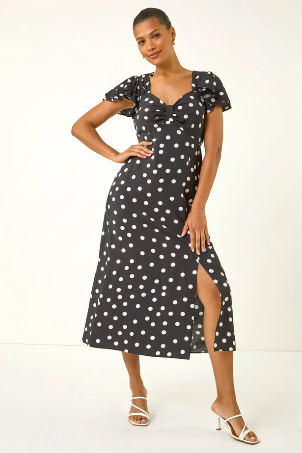 The Black Spot Print Sweetheart Midi Dress now costs £35