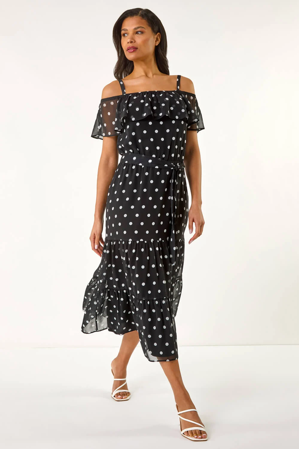 The Black Spot Print Bardot Midi Dress now costs £48