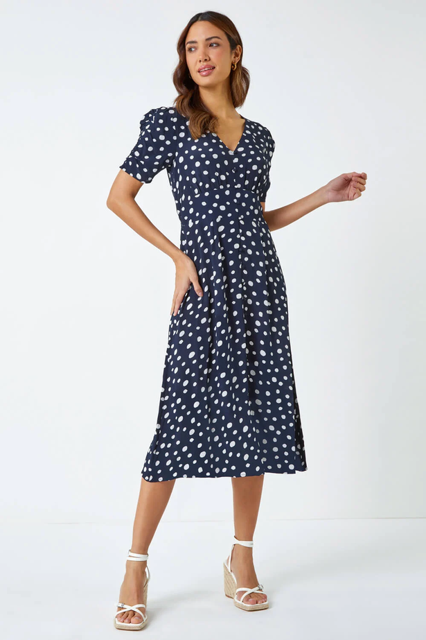 The Navy Polka Dot Ruched Sleeve Midi Dress now costs £36