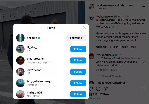 Hugo Ekitike appeared to like a post about completing a transfer to Liverpool