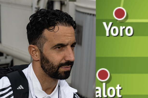 A two-image collage displaying a picture of Ruben Amorim on the left and a cropped Manchester United starting XI graphic on the right.