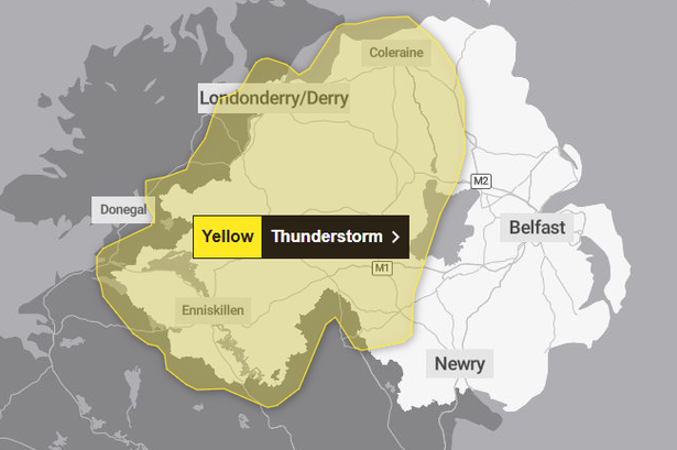 A weather warning for thunderstorms across Northern Ireland