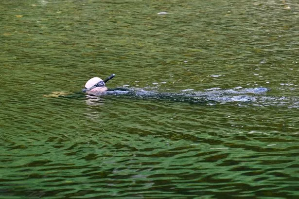 Swimmer in wetsuit at Loch Lomond during summer UK