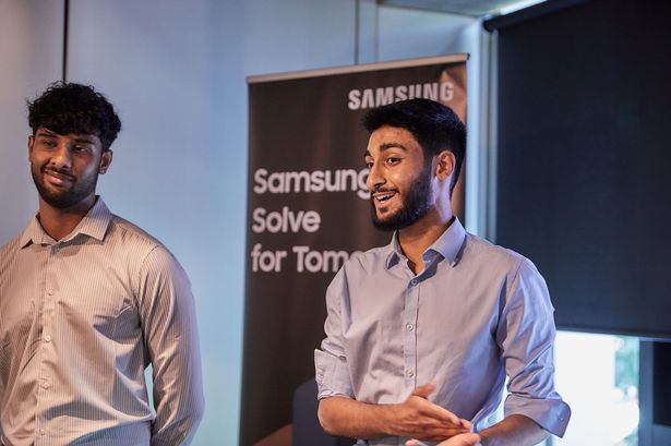 Daniek Aju (left) and Harris Asif (middle) presenting at Samsung Solve for Tommorrow competition