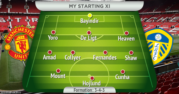 A graphic displaying a Manchester United starting XI. The XI is as follows:

GK: Bayindir
CB: Yoro
CB: De Ligt
CB: Heaven
RWB: Amad
CM: Collyer
CM: Fernandes
LWB: Shaw
CAM: Mount
CAM: Cunha
ST: Hojlund