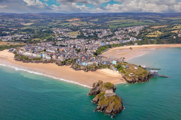 PEMBROKESHIRE, UNITED KINGDOM - JULY 06, 2023: In an aerial view, the coastal town of Tenby on July 06, 2023. In Pembrokeshire, United Kingdom.  (Photo by David Goddard/Getty Images)