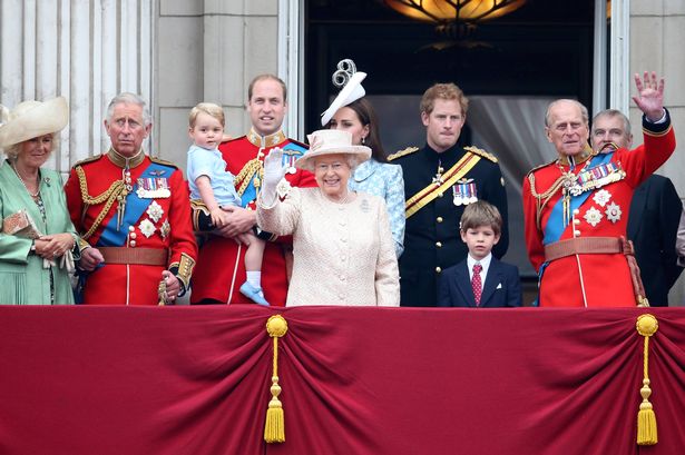 LONDON, ENGLAND - JUNE 13:  (L-R) Camilla, Duchess of Cornwall, Prince Charles, Prince of Wales, Prince George of Cambridge, Prince William, Duke of Cambridge, Catherine, Duchess of Cambridge, Queen Elizabeth II, Prince Harry and Prince Philip, Duke of Edinburgh (R) watch the fly-past from the balcony of Buckingham Palace following the Trooping The Colour ceremony on June 13, 2015 in London, England. The ceremony is Queen Elizabeth II's annual birthday parade and dates back to the time of Charles II in the 17th Century, when the Colours of a regiment were used as a rallying point in battle.  (Photo by Chris Jackson/Getty Images)