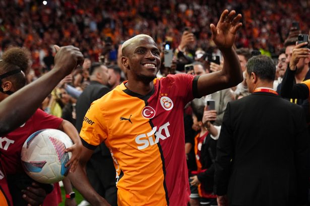 Victor Osimhen of Galatasaray, celebrates after the team won the Turkish Super Lig championship for the third consecutive time and the 25th time overall, following the 38th and final week match against RAMS Basaksehir at RAMS Park in Istanbul, Turkiye on May 30, 2025