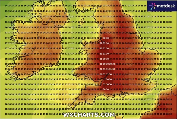 Eight counties in England could be hit with 30C and 31C temperatures 