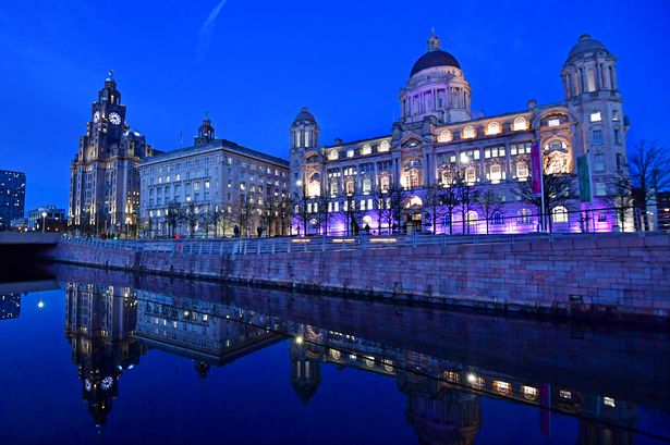 Winter evening glow at the Pier Head on the Liverpool waterfront