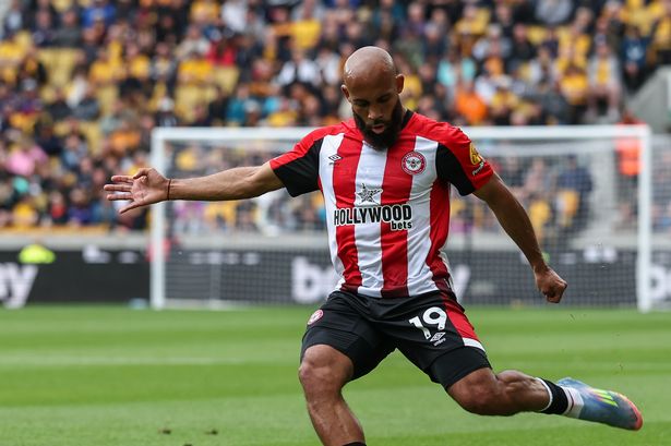 Bryan Mbeumo takes a free kick during the Premier League match between Wolverhampton Wanderers FC and Brentford FC. 