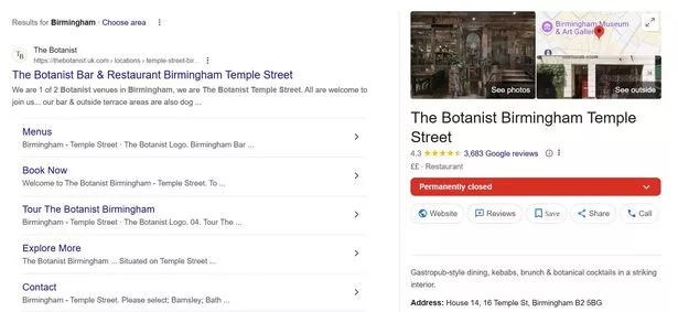 The Botanist on Temple Street Birmingham has 'permanently closed' according to Google