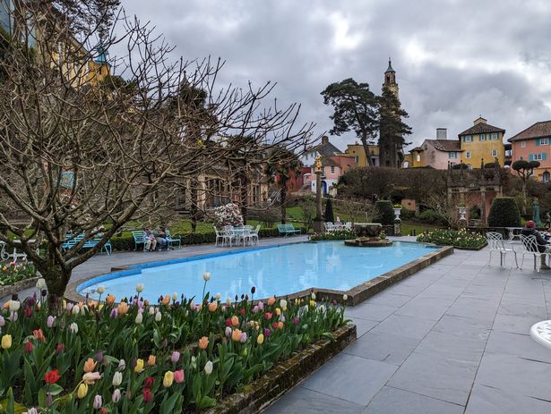 The stunning fountain pool surrounded by tulips