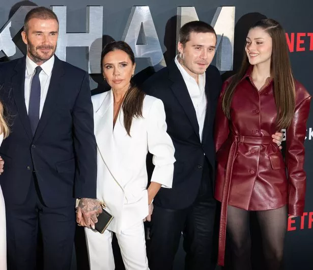 David Beckham, Victoria Beckham, Brooklyn Beckham and Nicola Peltz attend the Netflix 'Beckham' UK Premiere at The Curzon Mayfair on October 03, 2023 in London, England. 