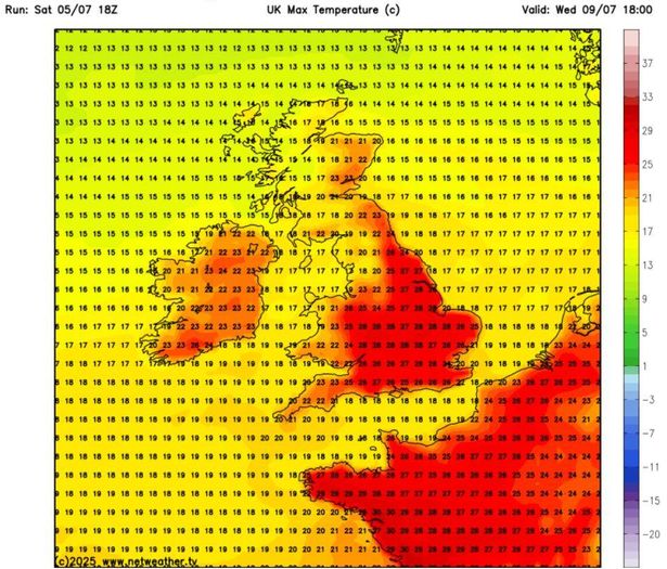 Weather models show heatwave level temperatures of 25C starting Wednesday, July 9