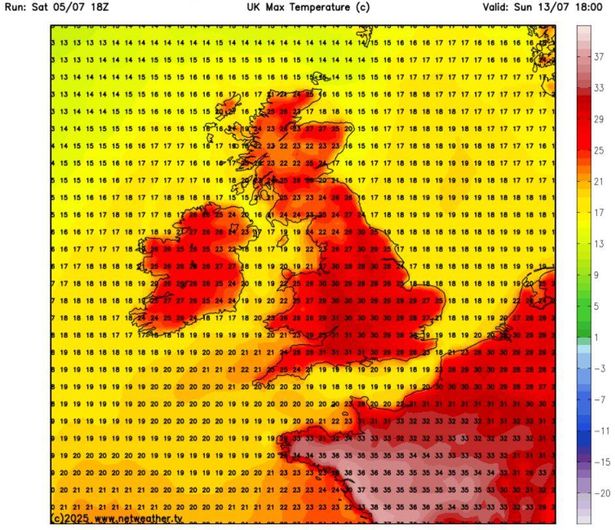 Weather models show temperatures of 27C are possible in some areas on Sunday, July 13
