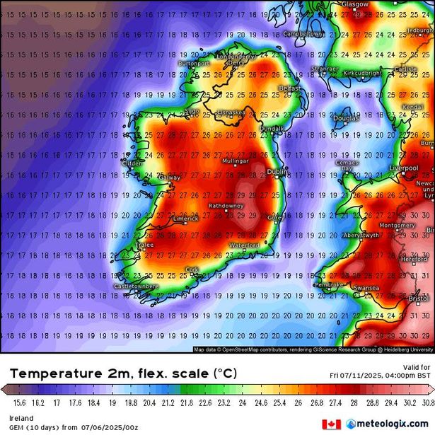 Weather model showing high temperatures for Ireland on Friday, July 11